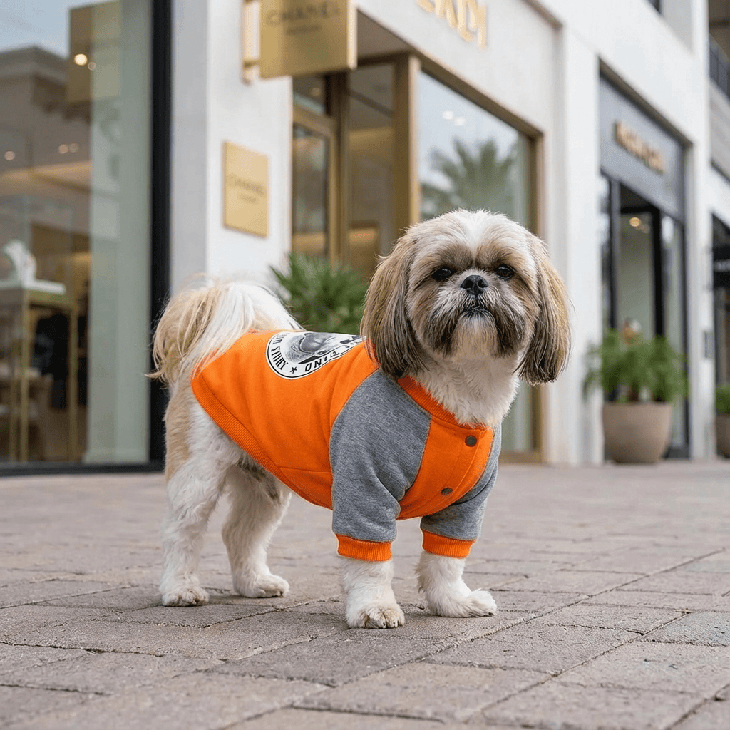 Bulldog Cashmere Dog Sweater on a small dog with round neckline, soft and comfortable, perfect for chilly evenings.