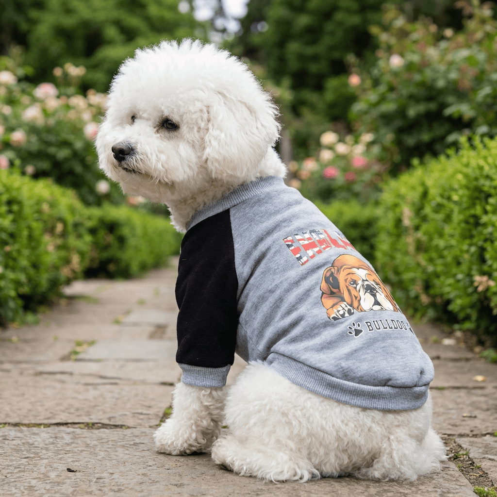Bulldog Cashmere Dog Sweater on a fluffy dog in a garden, showcasing its cozy features and style.