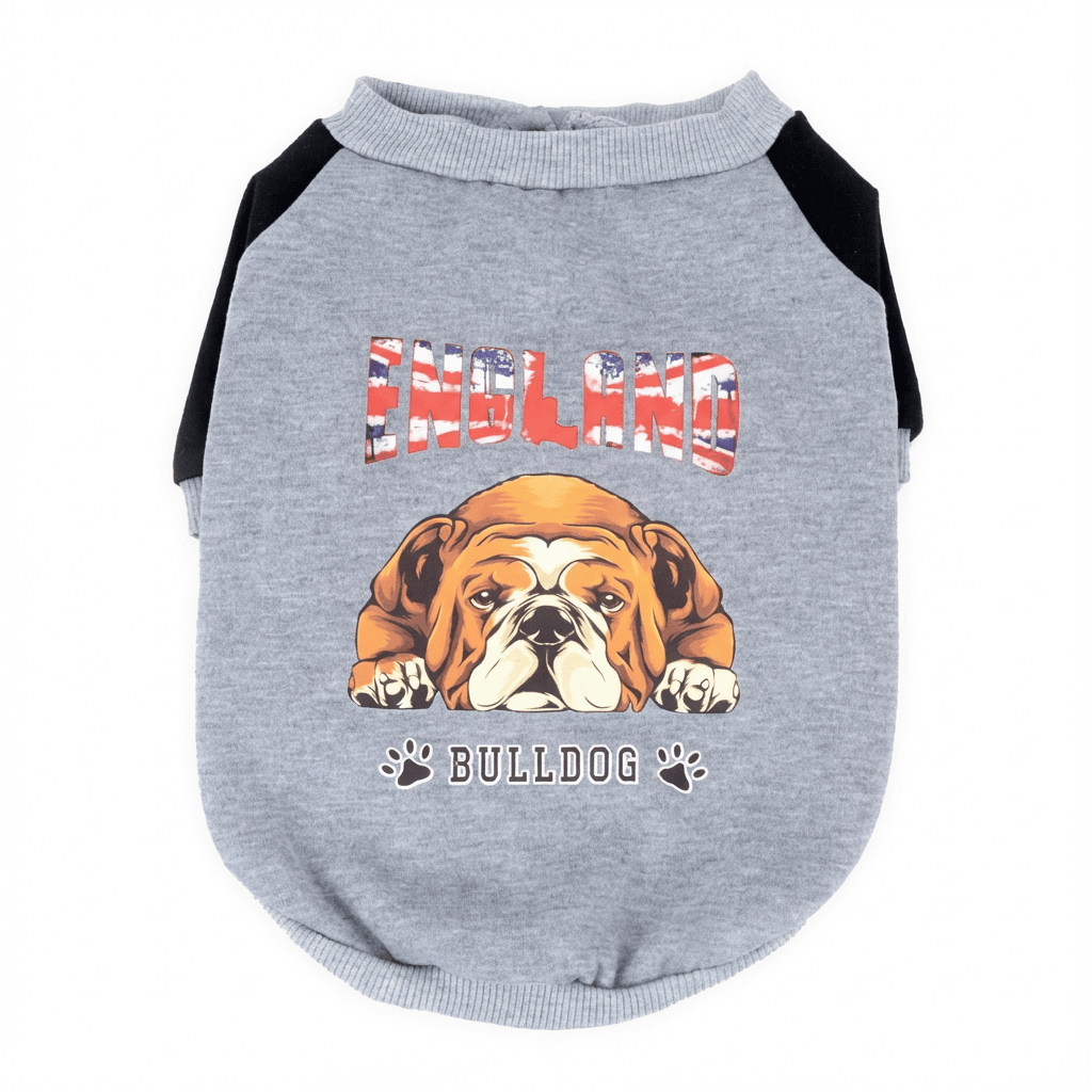 Bulldog Cashmere Dog Sweater featuring a bulldog graphic with 'England' text, perfect for dogs by Dogs & Cats brand.