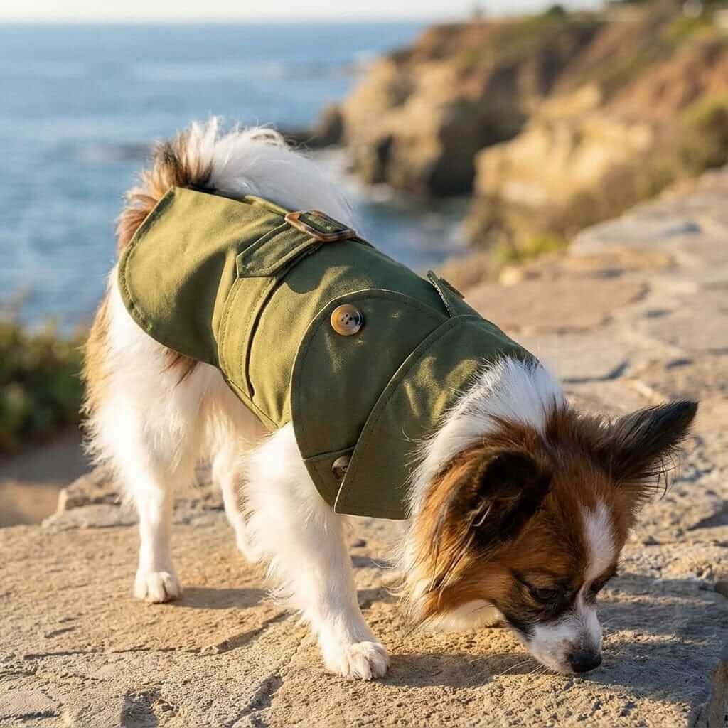 Button Belted Dog Coat worn by a dog outdoors, featuring a soft lining, outer shell for wind protection, and dapper buttons.
