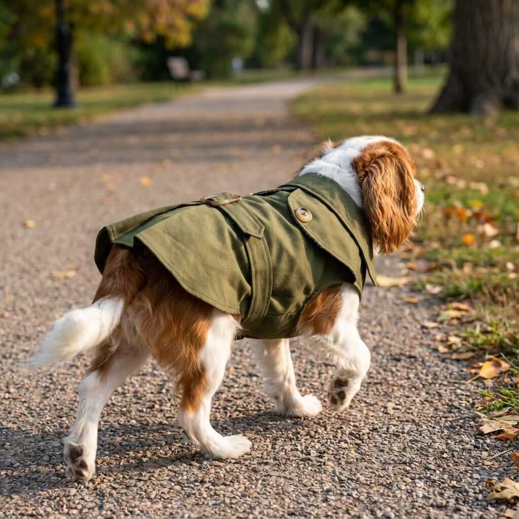 Button Belted Dog Coat on a dog walking in the park, featuring soft lining and stylish buttons by Dogs & Cats.