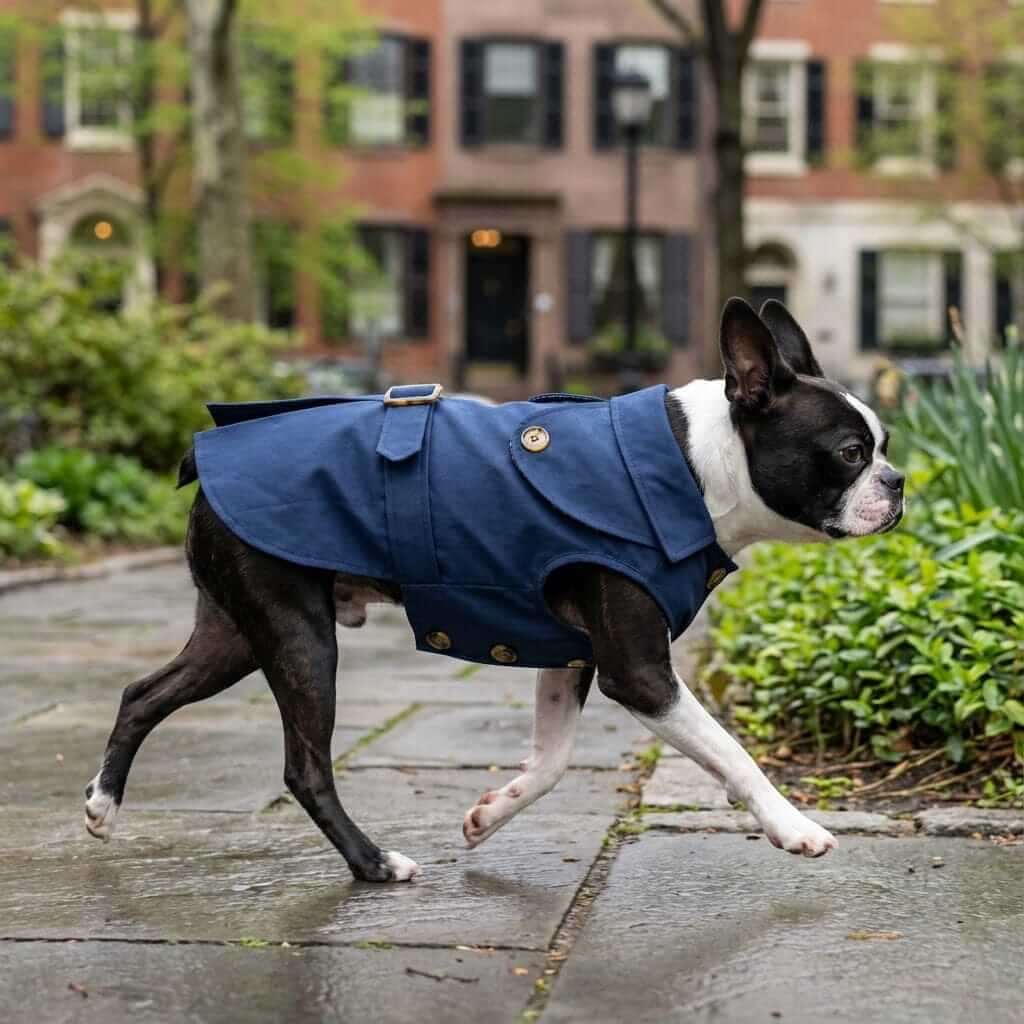 Button Belted Dog Coat on a Boston Terrier walking in the park, featuring a soft lining and stylish buttons.
