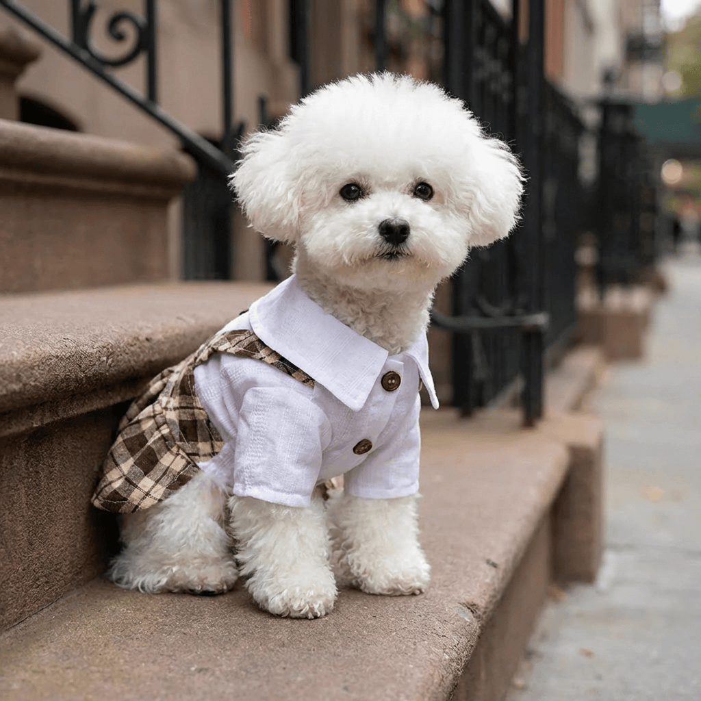Button Up Dog Dress for dogs, featuring a plaid pattern and breathable polyester for comfort and style.