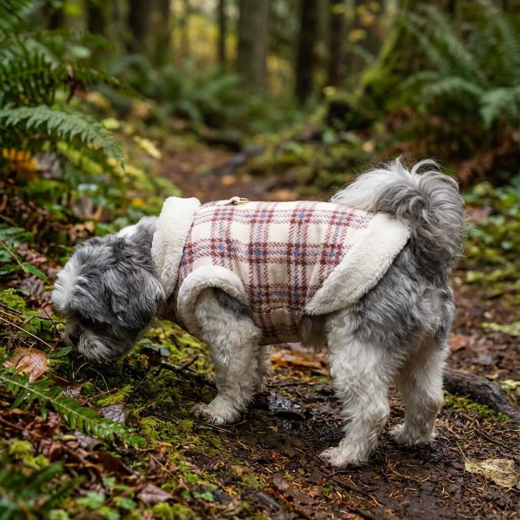 Button Up Dog Winter Coat on a small dog in the woods, featuring a fur collar, soft fleece lining, and plaid design.
