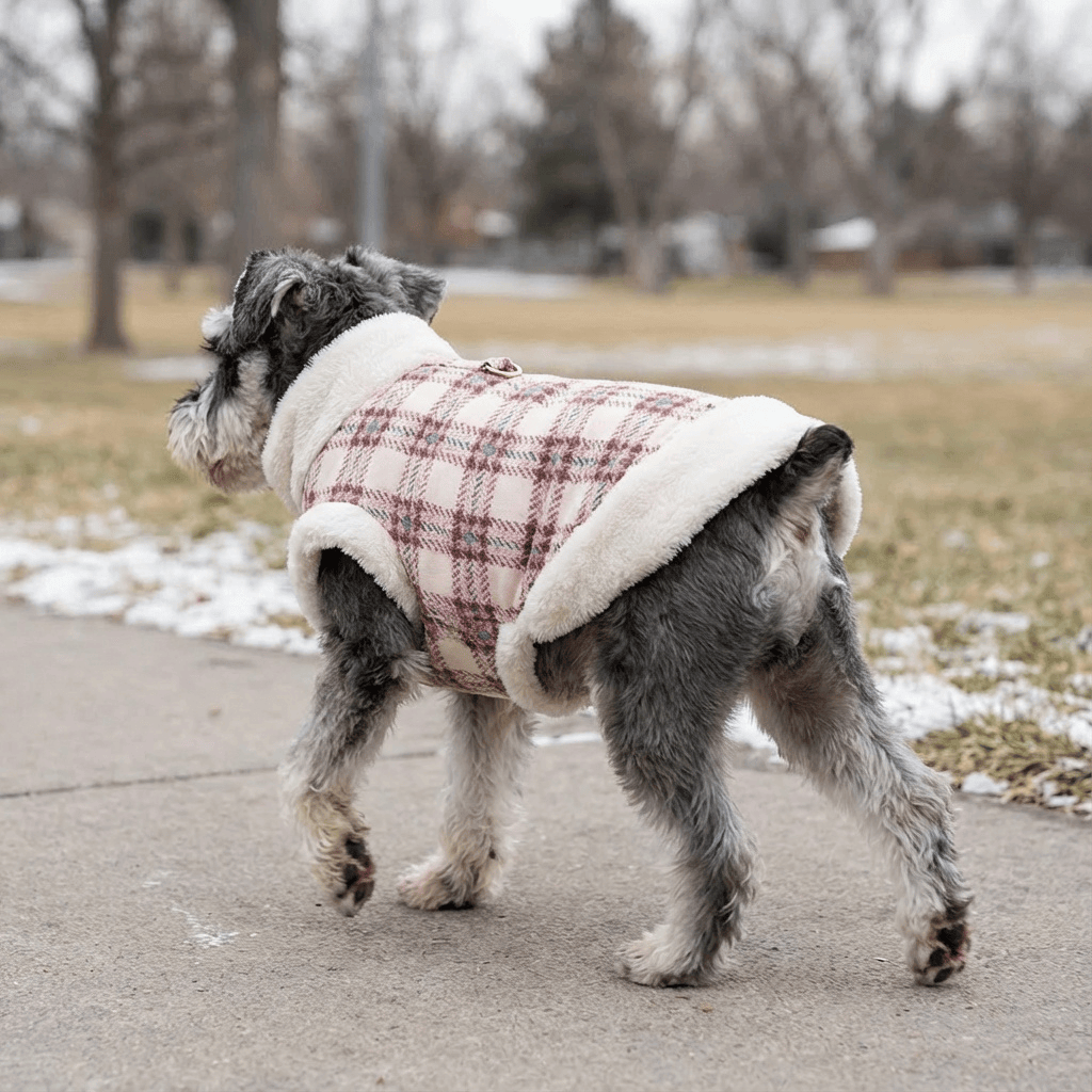 Button Up Dog Winter Coat on a dog, featuring a fur collar and breathable cotton material for comfort.