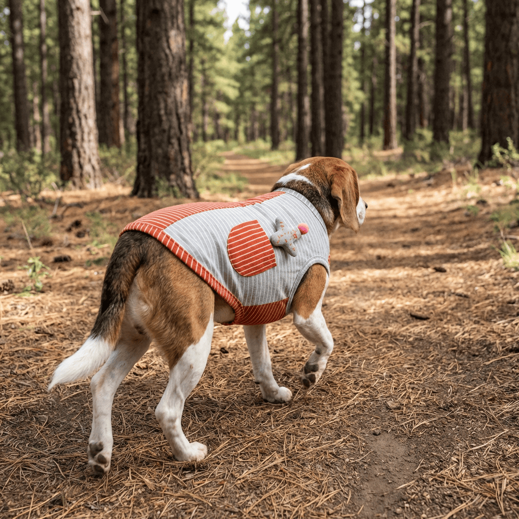 Dog wearing Cactus Striped Knitted Dog Vest walking in the forest, showcasing stylish design and quality construction.