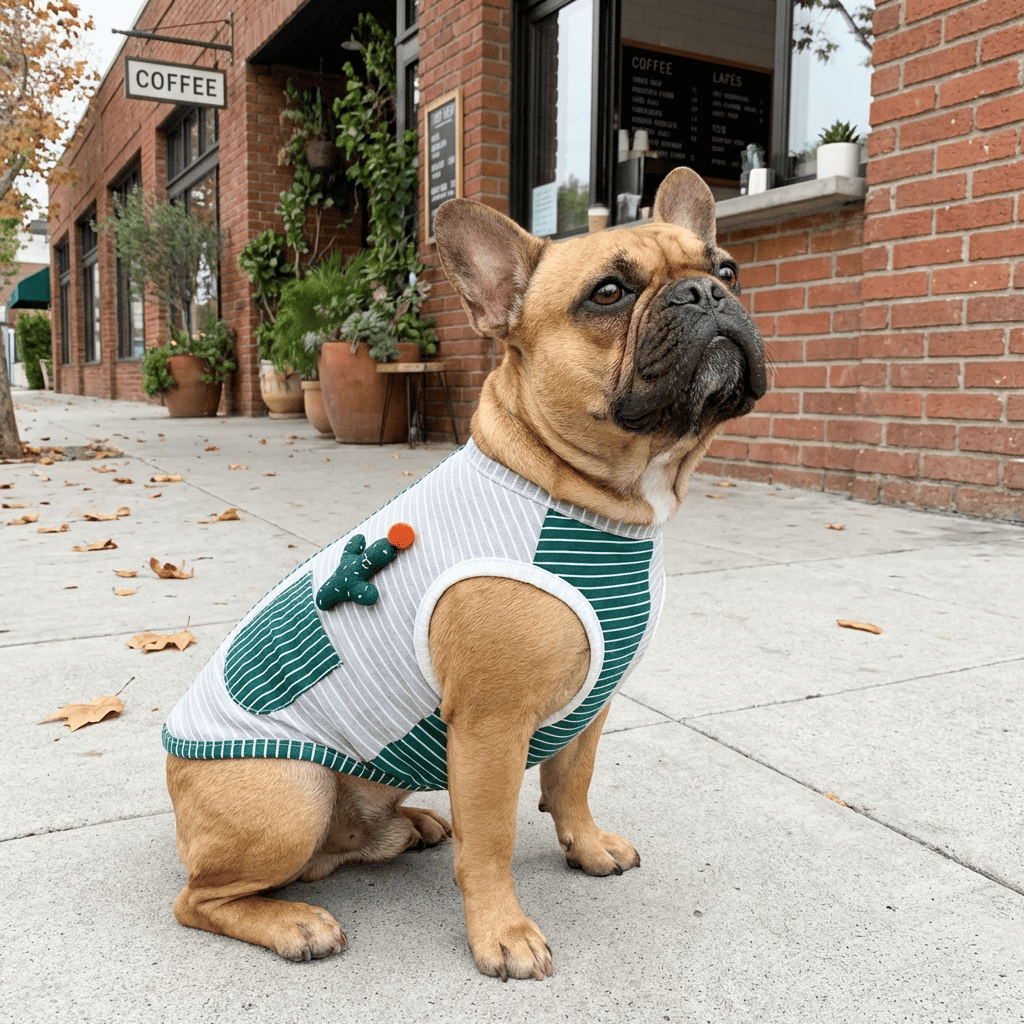 Cactus Striped Knitted Dog Vest on a French Bulldog, featuring stylish stripes and cactus design, perfect for Dogs & Cats outings.