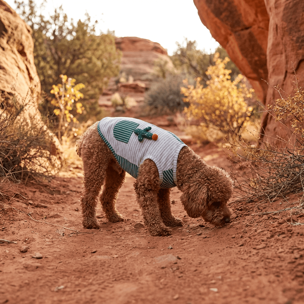 Cactus Striped Knitted Dog Vest on a dog sniffing the ground in a natural setting, showcasing stylish pet clothing by Dogs & Cats.