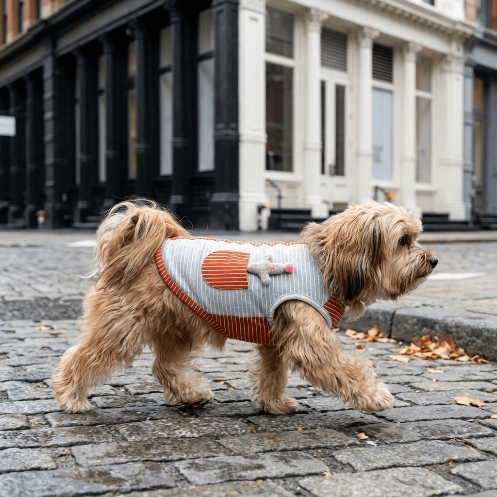 Cactus Striped Knitted Dog Vest on a dog walking in the city, showcasing stylish design and comfort for Dogs & Cats.