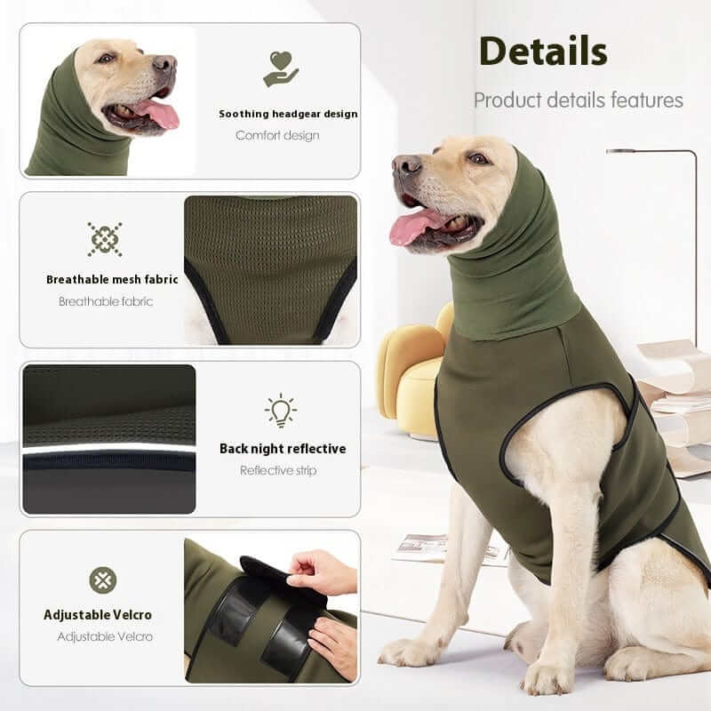 CalmEase Dog Anxiety Vest features breathable fabric and adjustable Velcro, designed for comfort and security for dogs.