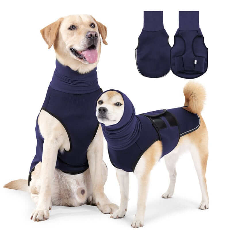 CalmEase Dog Anxiety Vest on two dogs, featuring calming pressure design for stress relief and comfort.