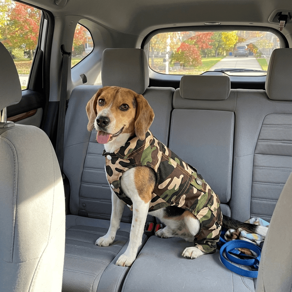 CamoChill Dog Vest on a Beagle in a car, showcasing camouflage design for stylish warmth and comfort.