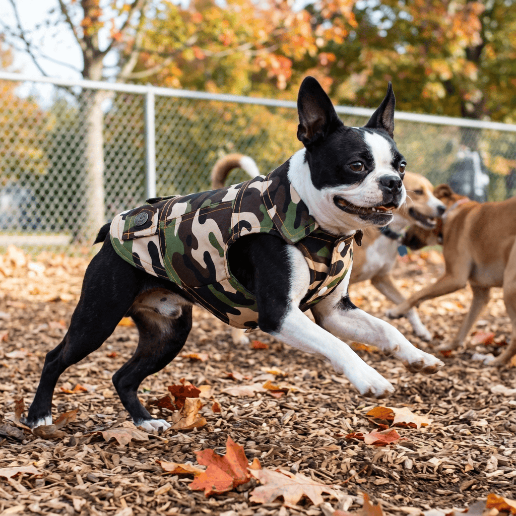 CamoChill Dog Vest on a playful dog in camouflage design, keeping pets cozy and stylish during autumn.