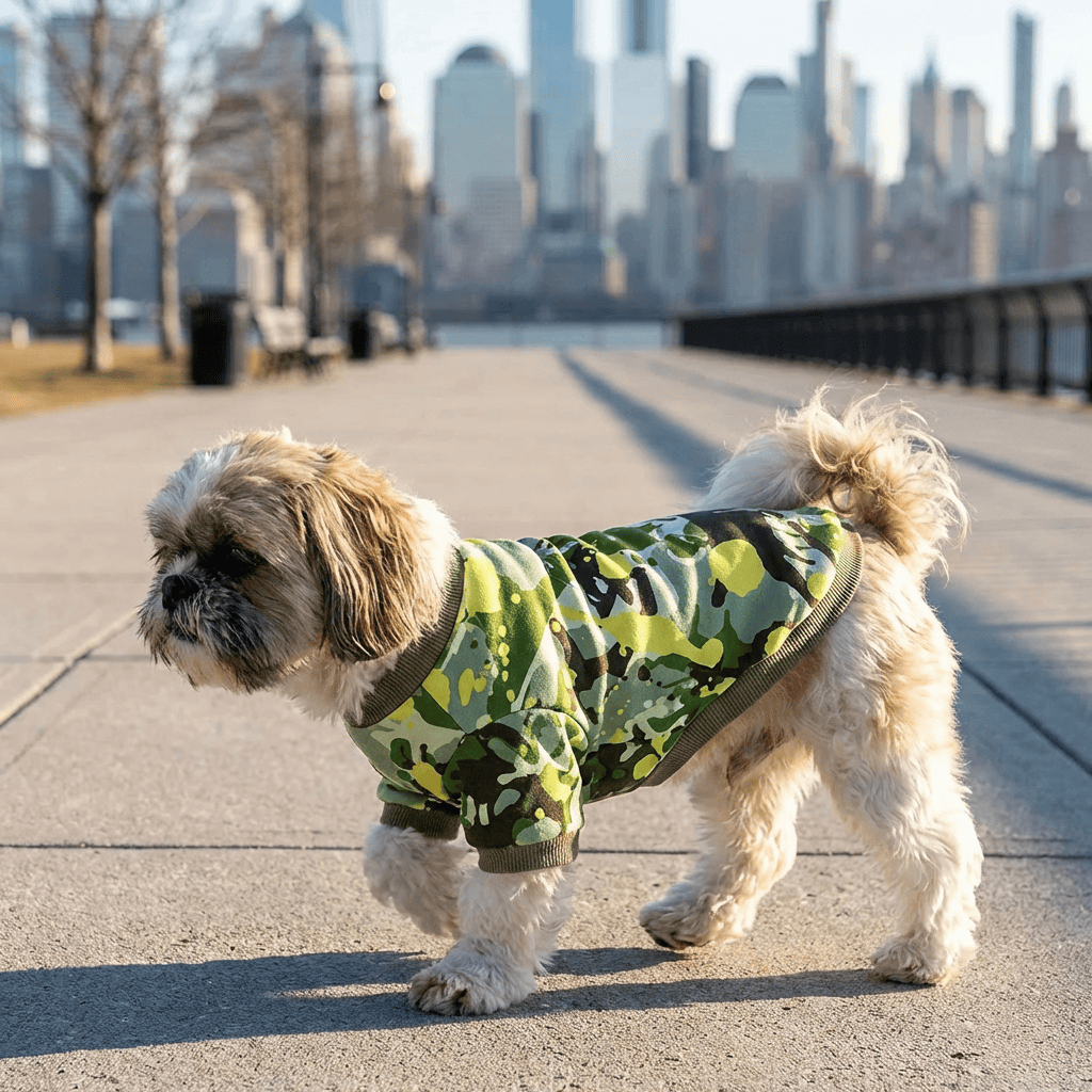 Dog wearing Camouflage Fleece Dog Sweater in a city park, showcasing its warm cotton material and stylish design.