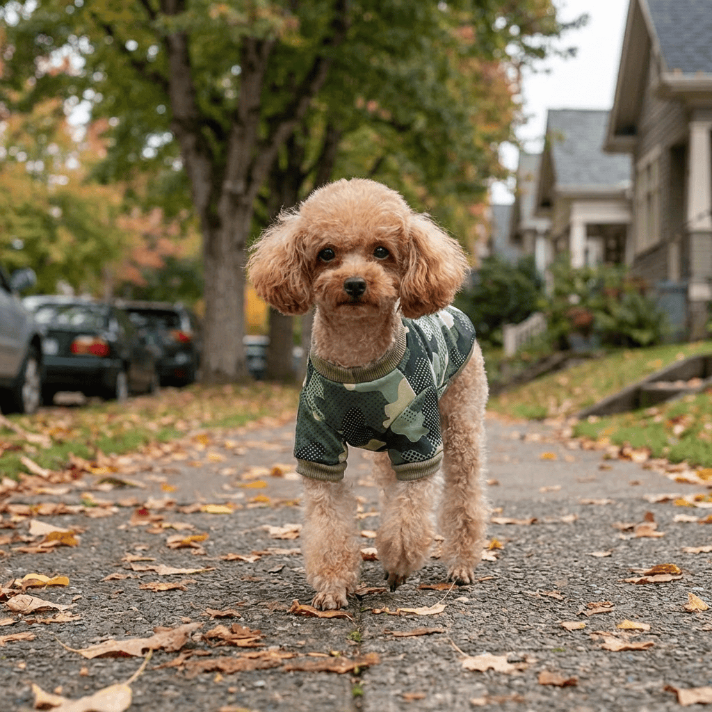 Camouflage Fleece Dog Sweater on a poodle walking outdoors, featuring cotton material, ribbed collar, and comfy fit.