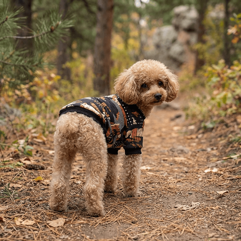 Cute dog in Camouflage Fleece Dog Sweater walking outdoors, showcasing its lightweight cotton material and comfy fit.
