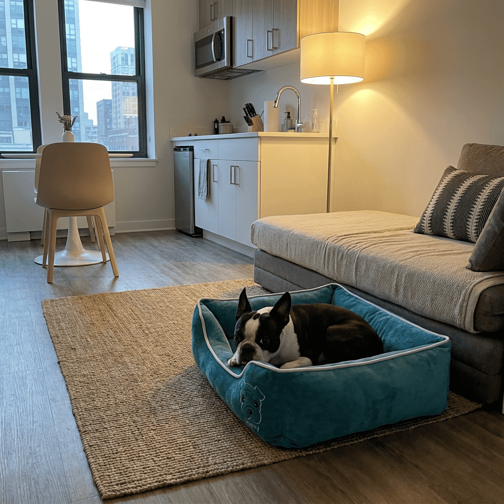 Comfortable dog resting in Candy Comfort Fleece Dog Bed in a stylish apartment setting.