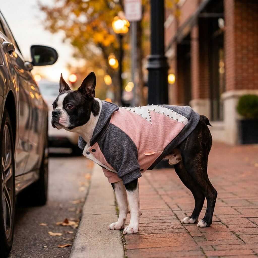 Candy Two Tone Dog Jacket on a Boston Terrier by the street, showcasing stylish two-tone design and ultra-soft fabric.
