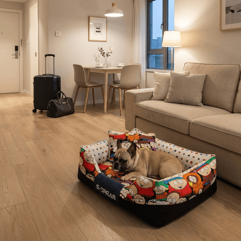 Dog lounging in a Cartoon Print Luxury Pet Bed in a cozy living room, showcasing comfort and playful design.