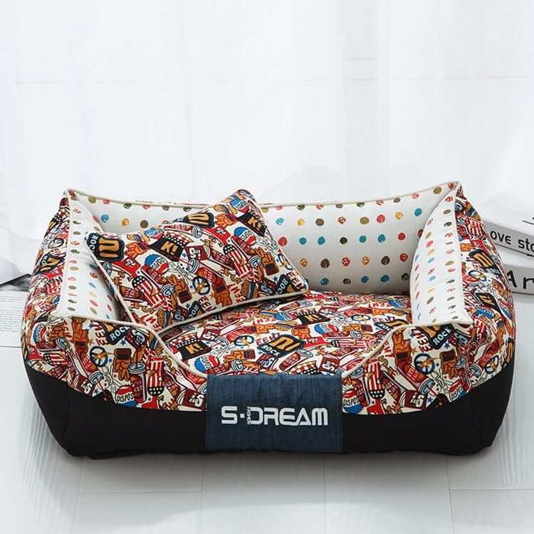 Cartoon Print Luxury Pet Bed featuring playful designs for comfy dog and cat resting space.