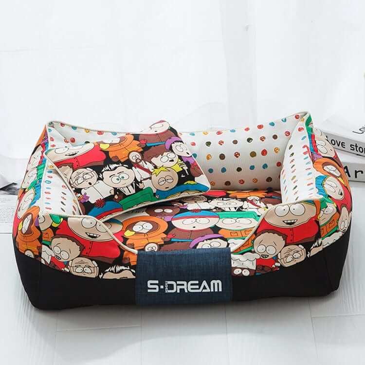 Cartoon Print Luxury Pet Bed for Dogs & Cats with fun cartoon prints and plush comfort.