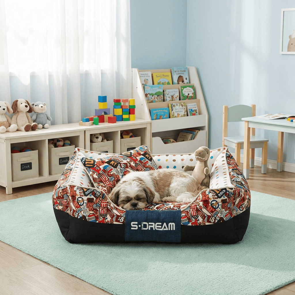 Cartoon Print Luxury Pet Bed with dog resting, featuring playful designs for Dogs & Cats, S-DREAM brand.