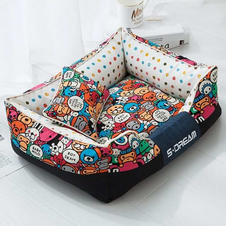 Cartoon Print Luxury Pet Bed featuring playful designs for dogs and cats, plush comfort and stylish craftsmanship.