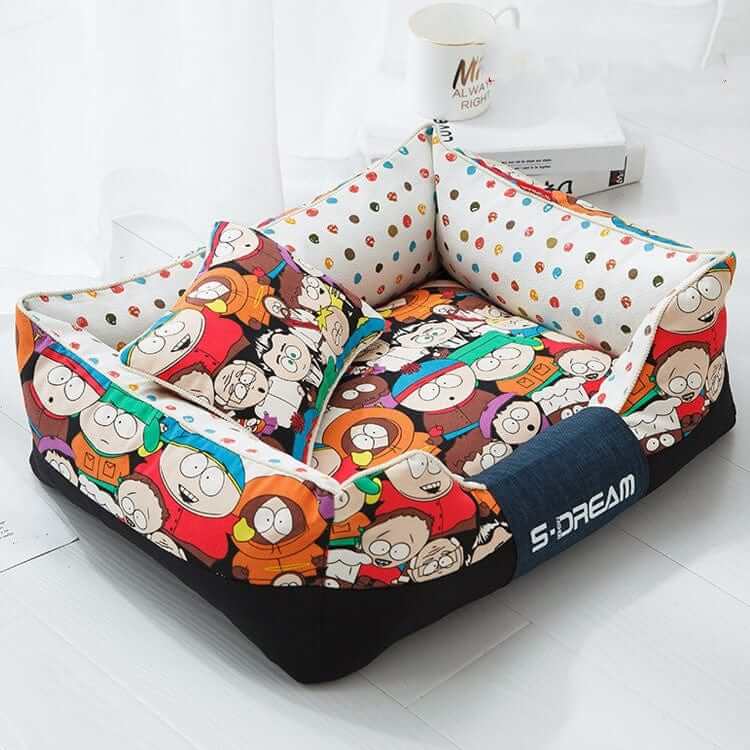 Cartoon Print Luxury Pet Bed for Dogs & Cats featuring fun cartoon prints and plush comfort in stylish design.