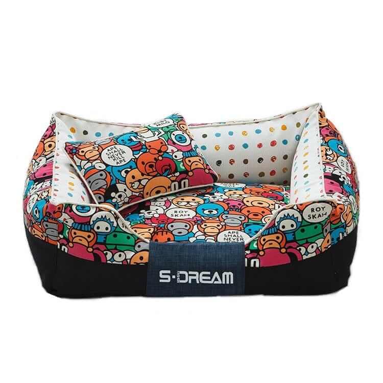 Cartoon Print Luxury Pet Bed featuring charming cartoon designs, cozy for dogs and cats, S-DREAM brand.