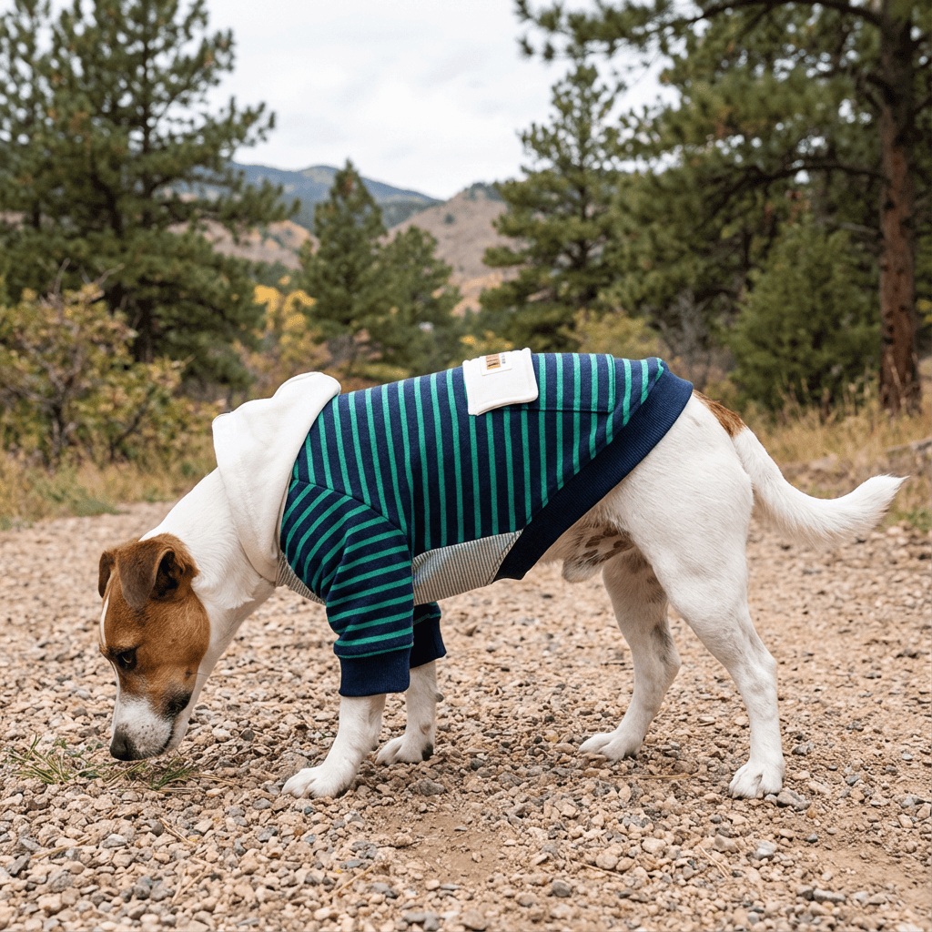 Check My Stripes Dog Hooded Sweater on a dog outdoors, featuring a striped design and warm, breathable fabric to keep pets comfortable.