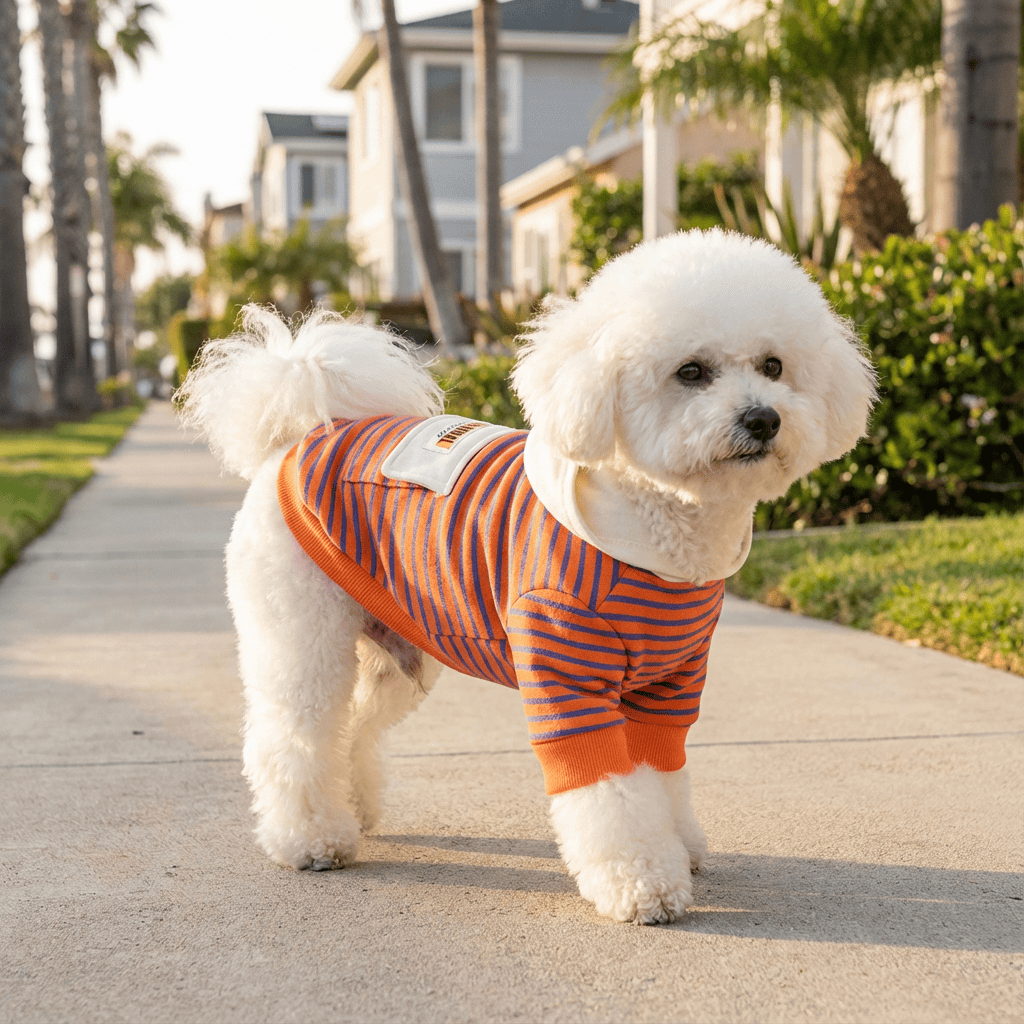 Check My Stripes Dog Hooded Sweater on a fluffy dog, features breathable fabric, striped pattern, and comfortable two-legged design.