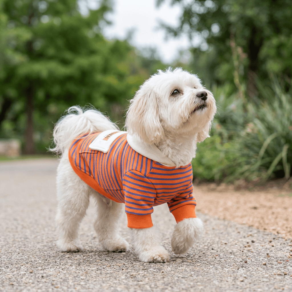 Check My Stripes Dog Hooded Sweater on a small dog, featuring striped pattern and hooded design, perfect for stylish pets.