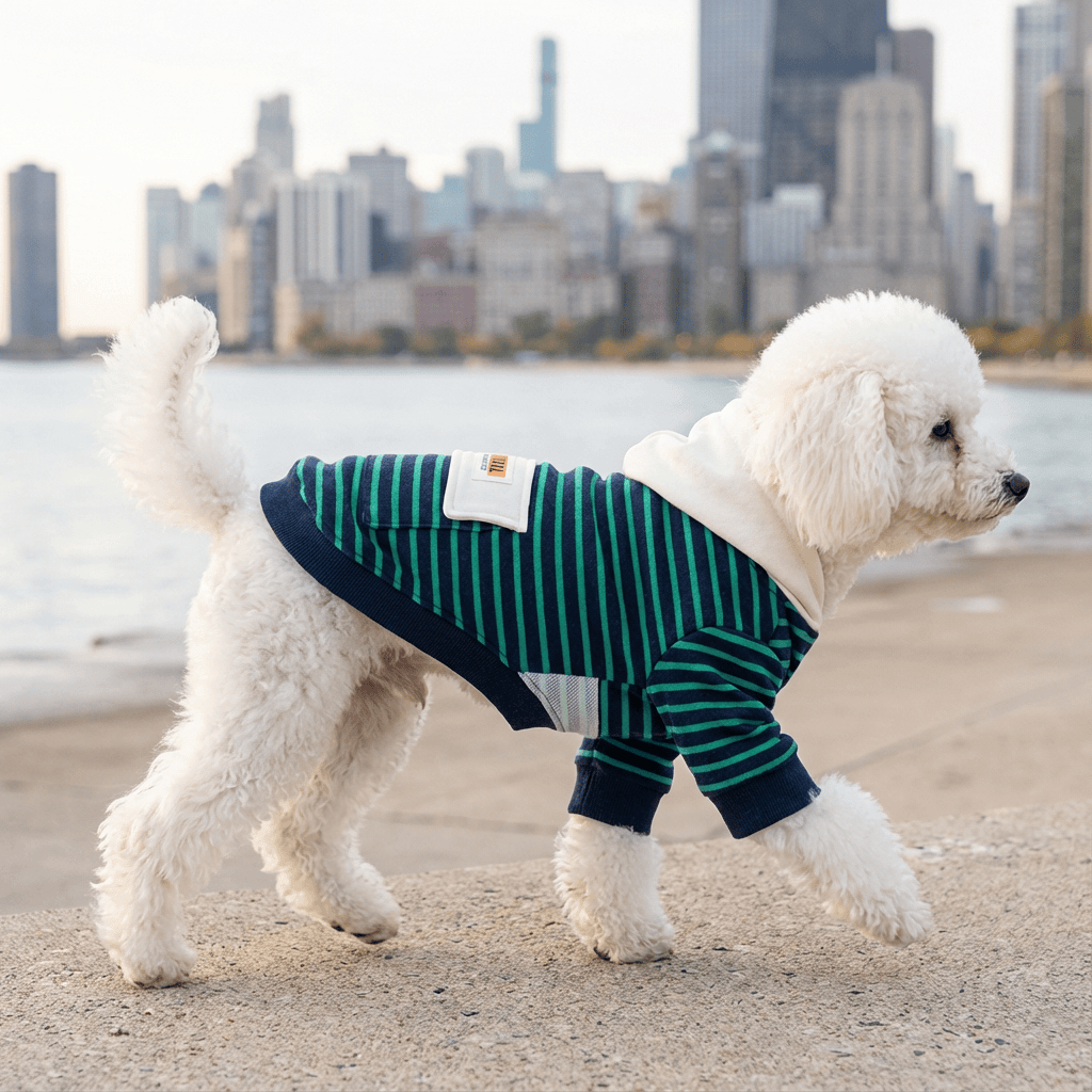 Check My Stripes Dog Hooded Sweater on a dog, featuring striped pattern, breathable fabric, warm and comfortable design.