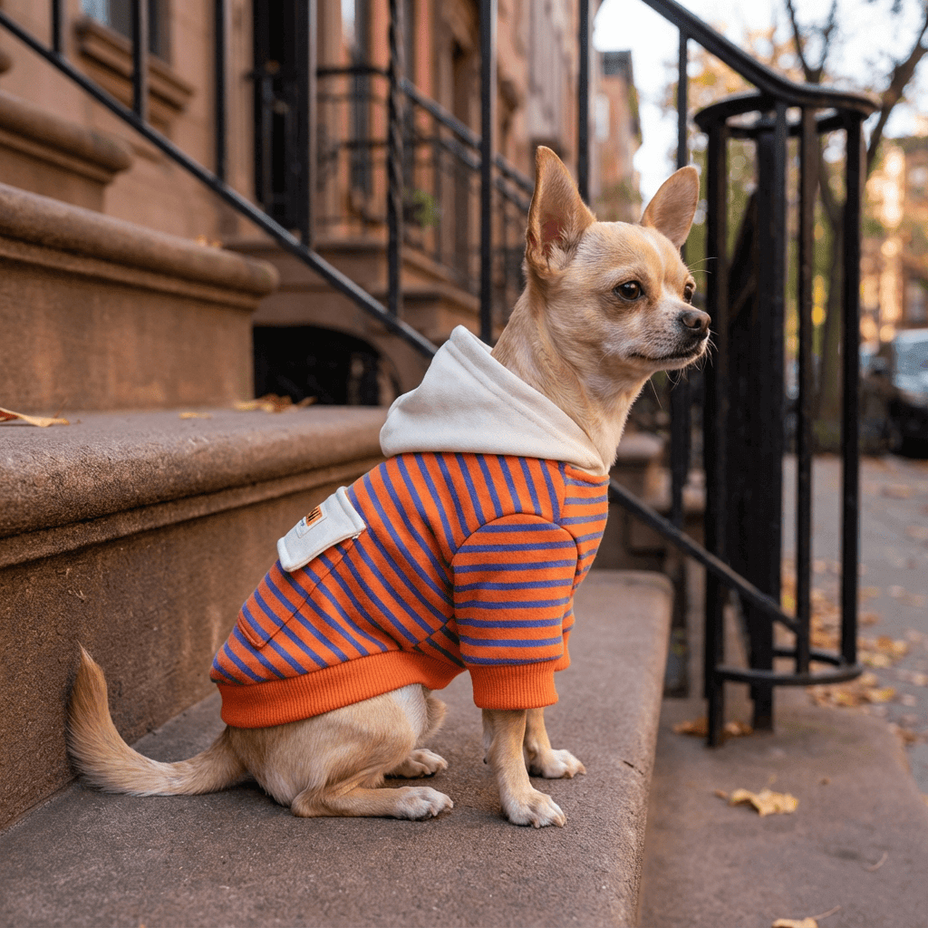 Check My Stripes Dog Hooded Sweater on a dog outdoors, featuring breathable fabric, striped pattern, and cozy hood.