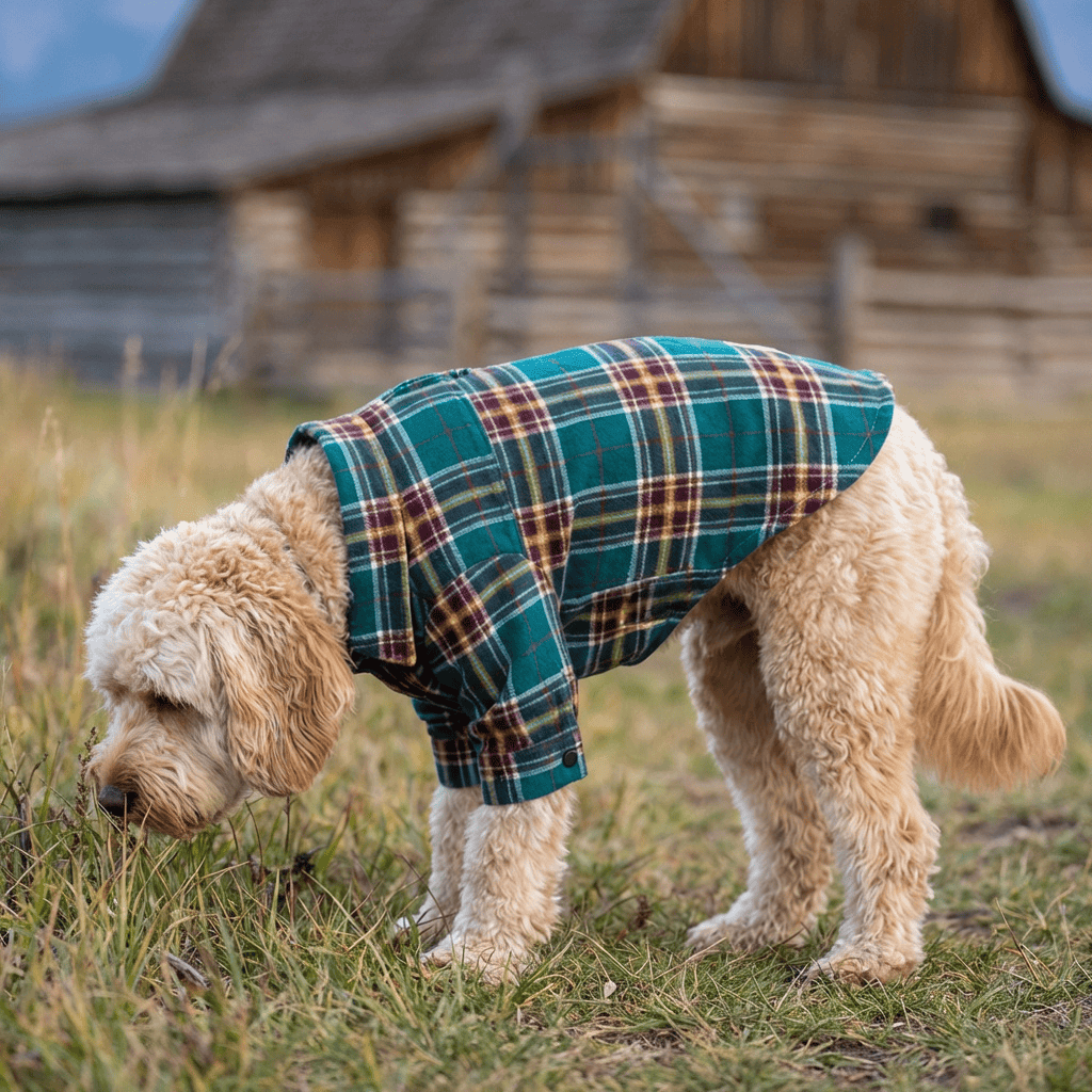 Checkered Dog Shirt on a fluffy dog outdoors, showcasing its lightweight, breathable design and easy button fasteners.