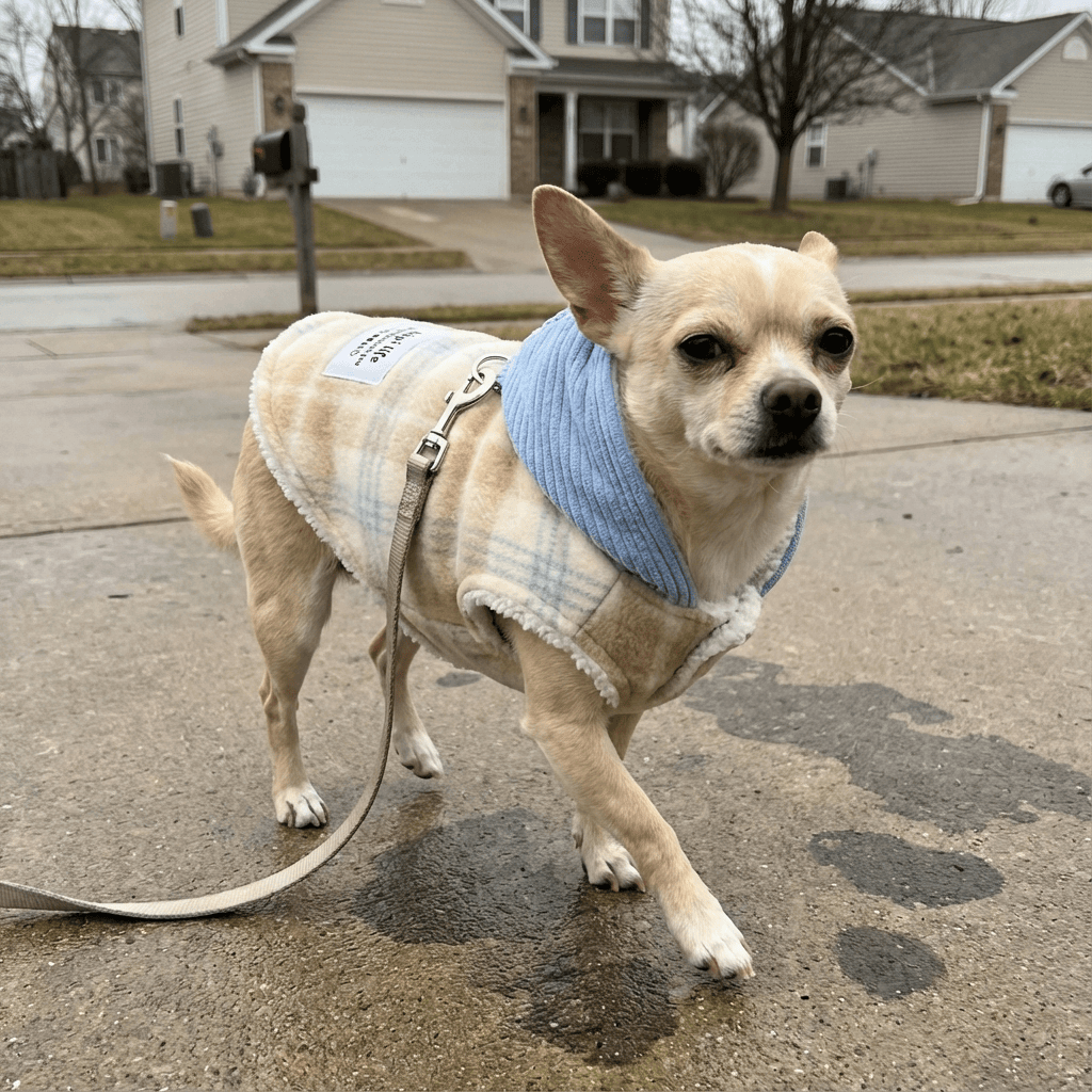 Checkered Hooded Pet Vest on a stylish Chihuahua, designed for warmth and comfort for Dogs & Cats.