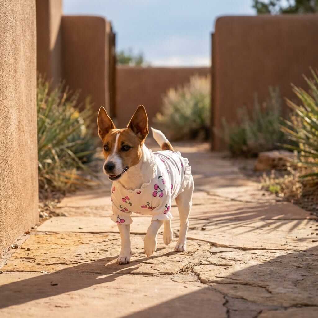 Cherry Printed Dog T-Shirt on a small dog walking along a sunlit pathway, showcasing its comfy fit and cute design.