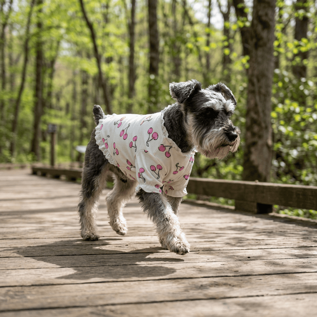 Cherry Printed Dog T-Shirt on a happy dog walking on a wooden path in a lush green forest.