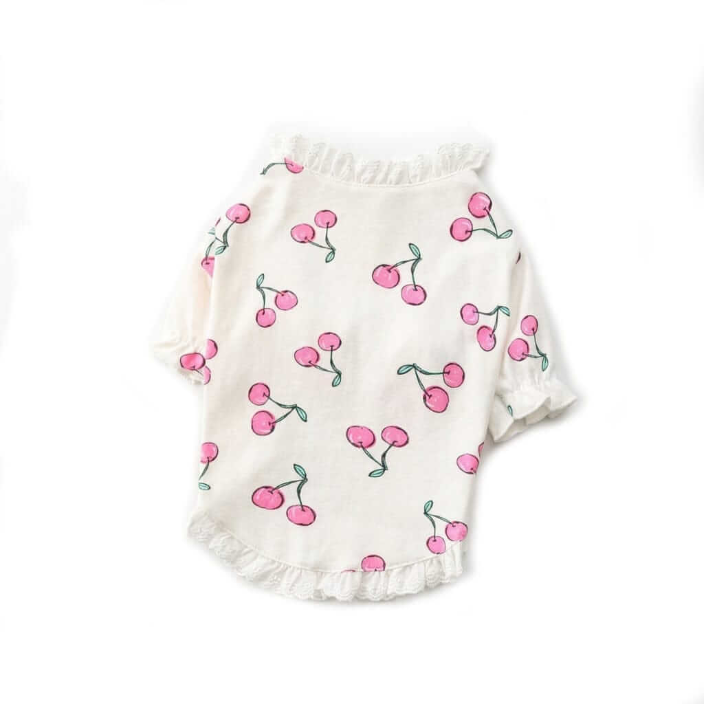 Cherry Printed Dog T-Shirt featuring cute cherry patterns, lightweight cotton, and fun ruffled trim for Dogs & Cats.