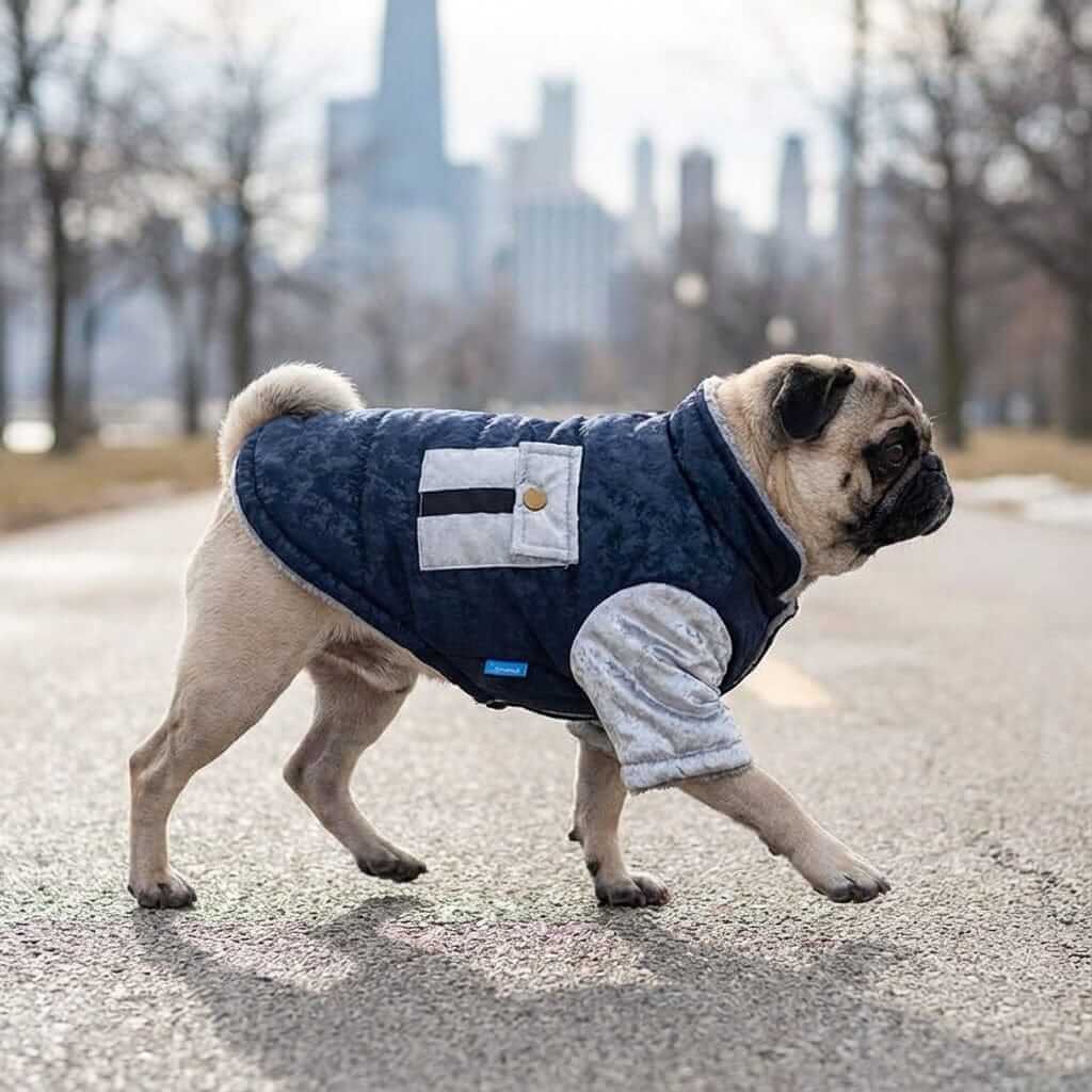 Chest Pocket Windproof Dog Coat on a pug, showcasing its stylish design and comfort for winter adventures.