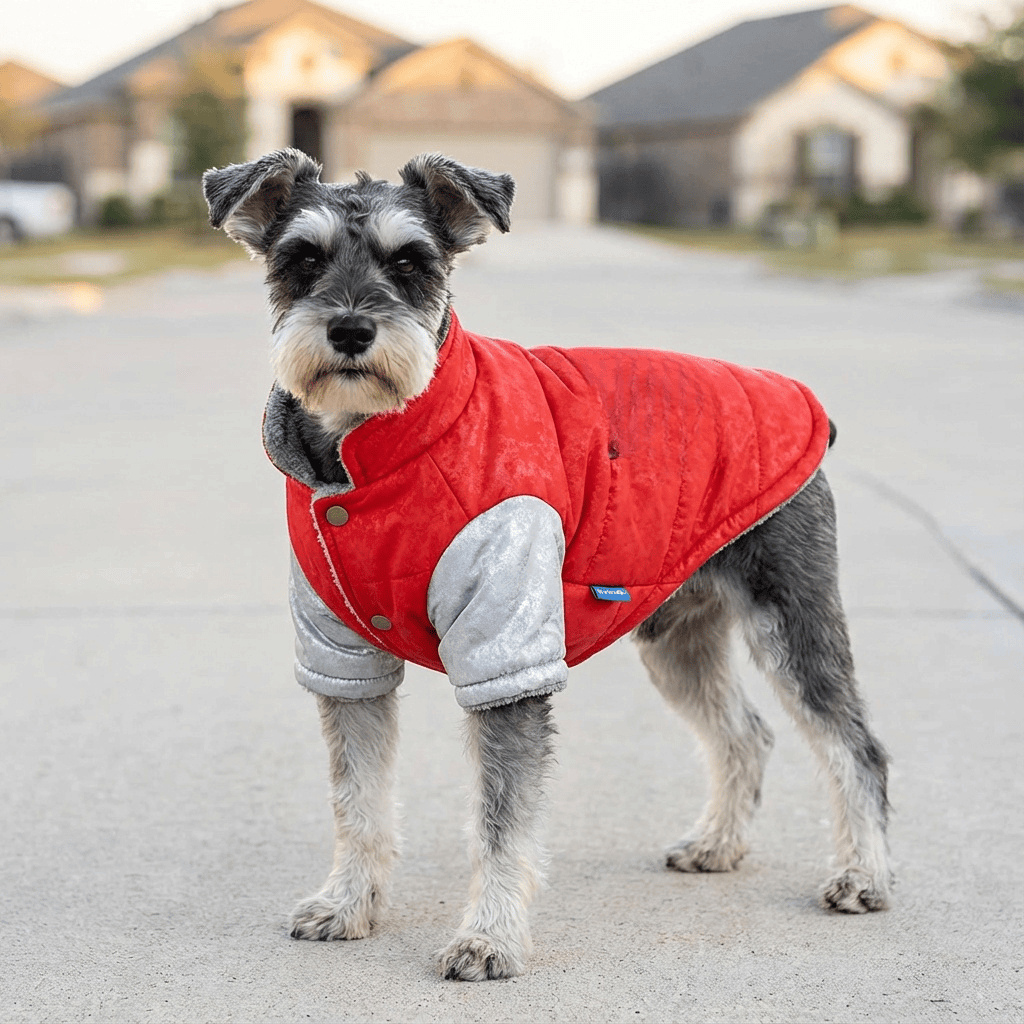 Chest Pocket Windproof Dog Coat on a stylish dog, featuring windproof design, soft cotton, and warm short sleeves for dogs & cats.