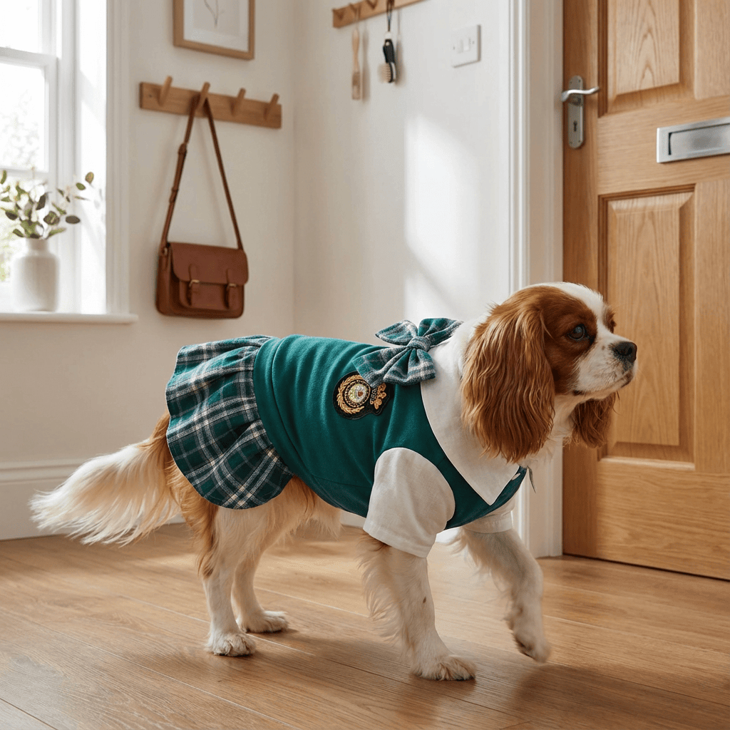 Chic Academy Pet Attire: Sophisticated preppy dress for dogs and cats with collar and cute plaid skirt.