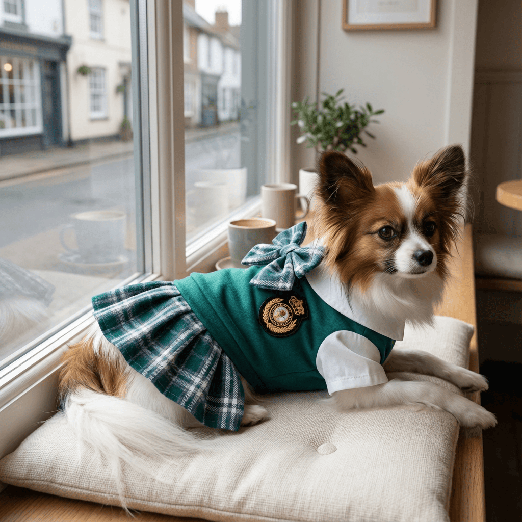 Chic Academy Pet Attire: Preppy outfit for dogs, featuring collar and plaid skirt design, stylish for small to medium pets.