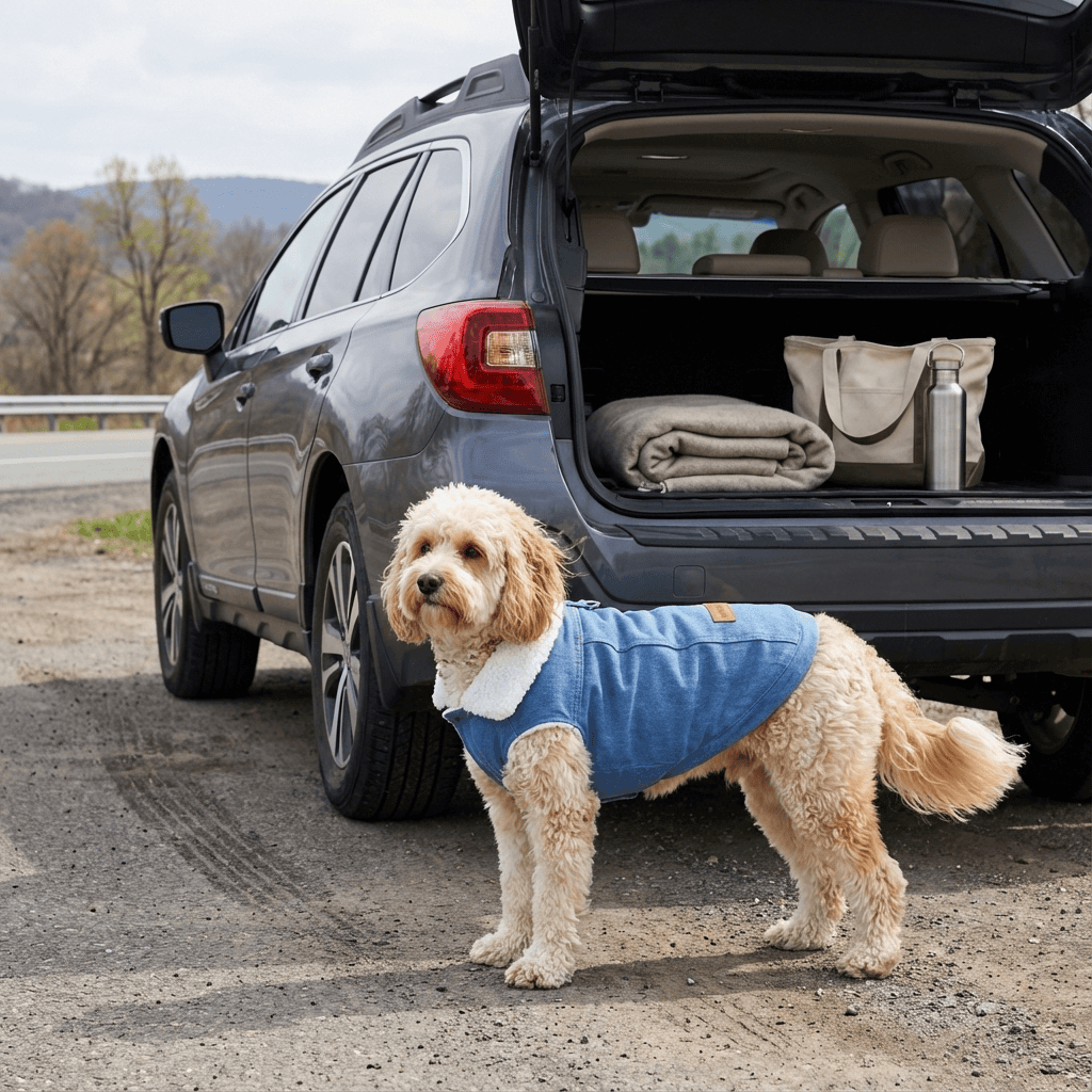 Chic Corgi Denim Dog Coat on a dog next to a car, featuring warm padding and stylish design for dogs by Dogs & Cats.