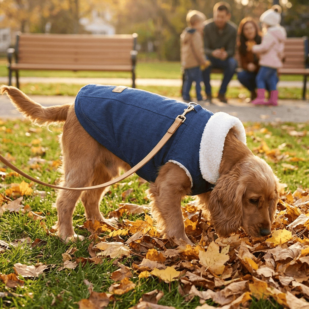 Chic Corgi Denim Dog Coat on a dog, featuring plush lining, perfect for cold weather. Dogs & Cats brand.