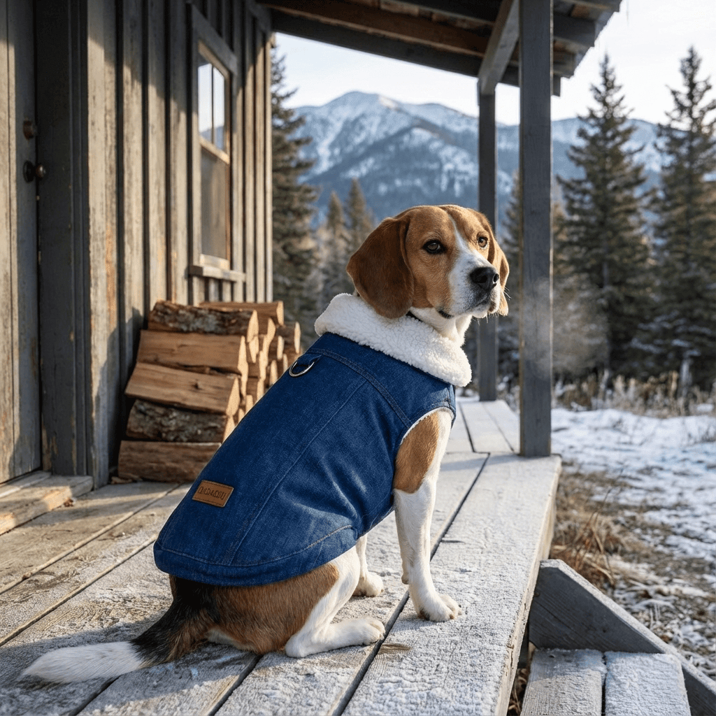 Chic Corgi Denim Dog Coat on a Beagle, designed for warmth and style in cold weather by Dogs & Cats.