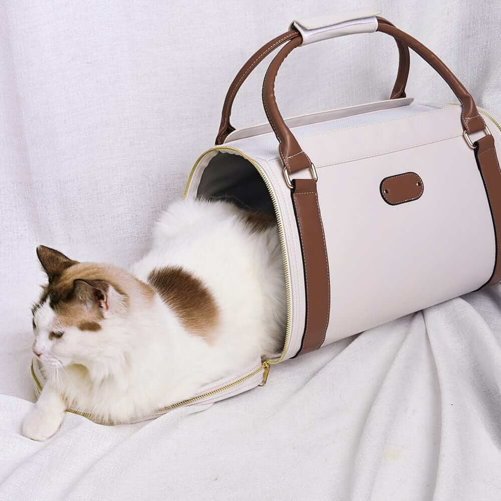 Chic Leather Pet Bag with a white cat comfortably resting inside, showcasing luxury and practicality for small pets.