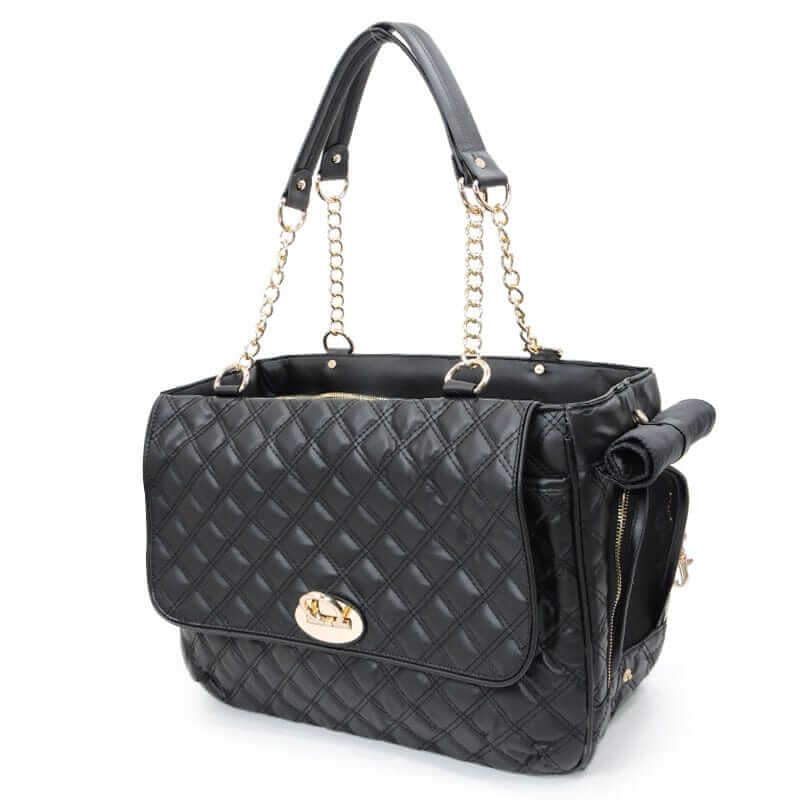 Chic Leather Pet Carrier, stylish black carrier for small dogs & cats with premium leather and breathable design.
