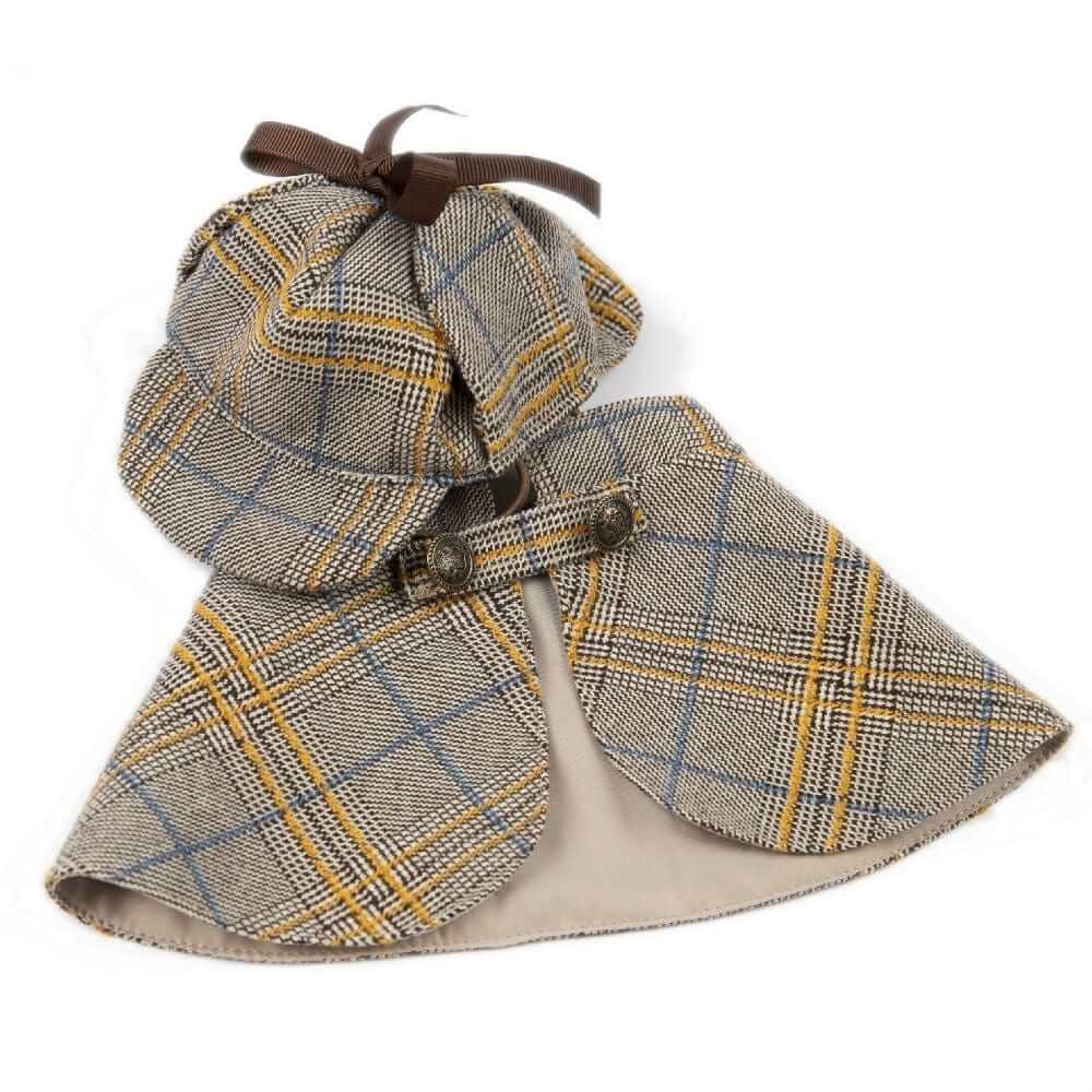 Chic Tweed Denim Dog Spring Fall Coat with hat and cloak from Dogs & Cats brand, featuring stylish plaid design.