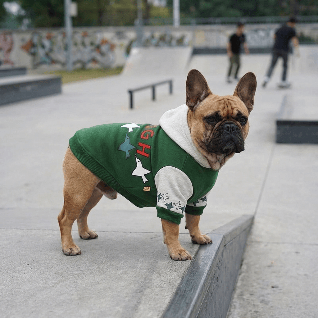 ChicPaw Korean Dog Hoodie on a stylish French Bulldog, perfect blend of comfort and fashion, ideal for cooler days.